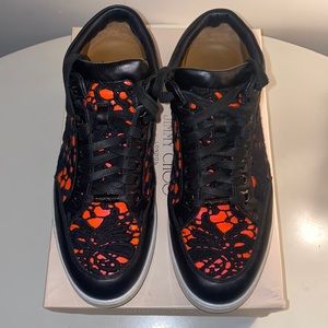 Jimmy Choo Black/Neon Leather and Lace Thalia Low Top Sneakers- Size 40